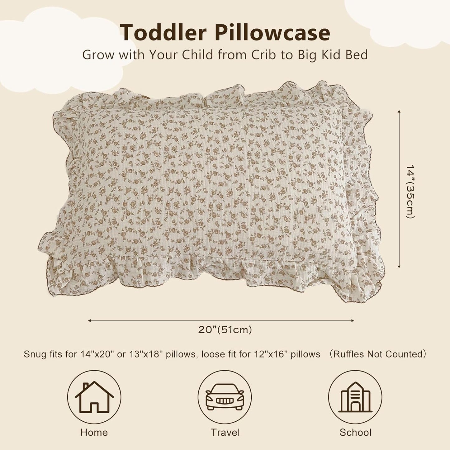 BuLuTu Cotton Muslin Kids Toddler Pillowcase with Cute Camellia Flowers Super Soft Travel Pillow