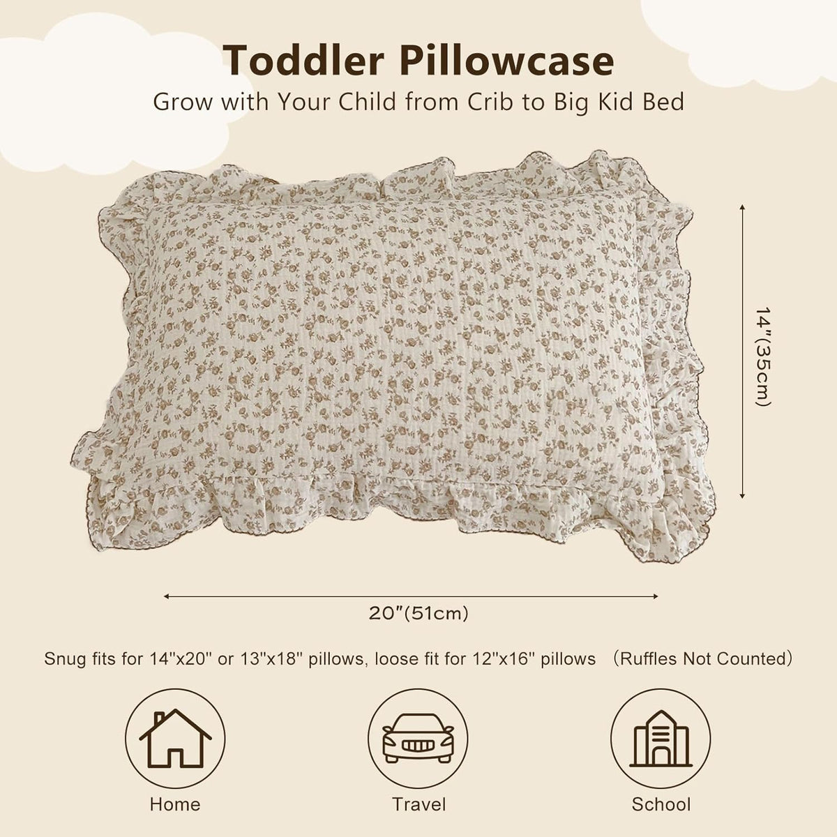 BuLuTu Cotton Muslin Kids Toddler Pillowcase with Cute Camellia Flowers Super Soft Travel Pillow