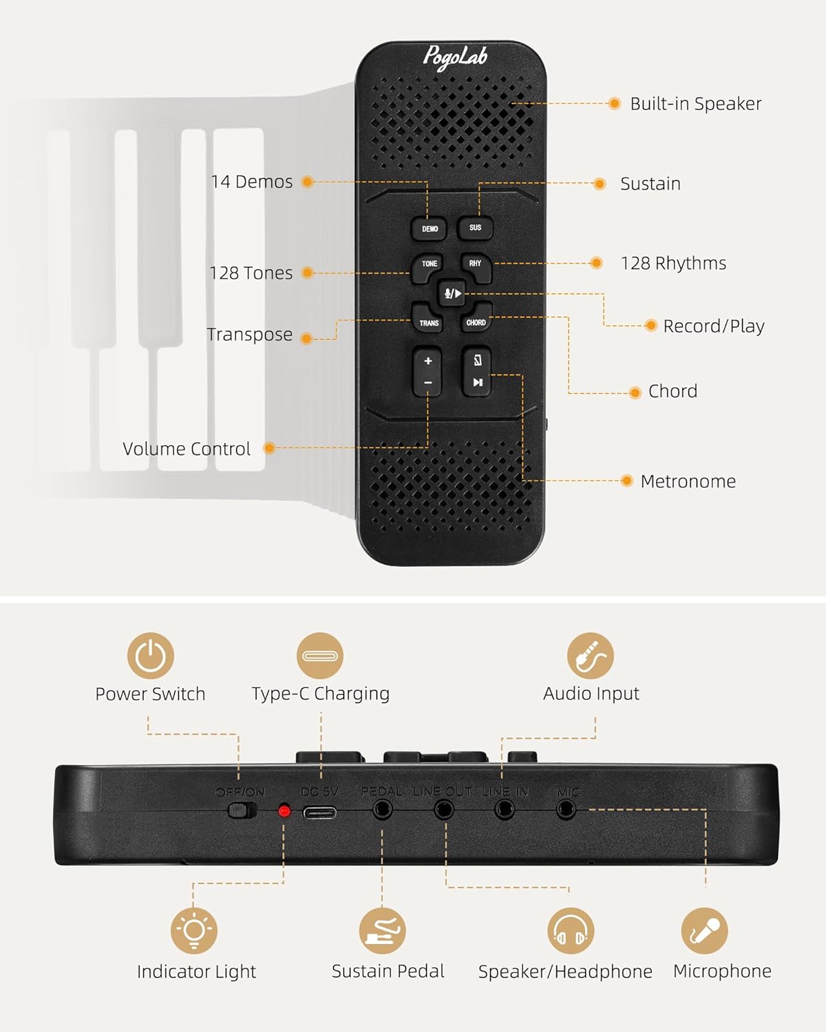 88 Keys Roll Up Keyboard Piano, Portable Electric Foldable Piano with Sustain Pedal, 14 Songs, 128