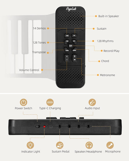 88 Keys Roll Up Keyboard Piano, Portable Electric Foldable Piano with Sustain Pedal, 14 Songs, 128