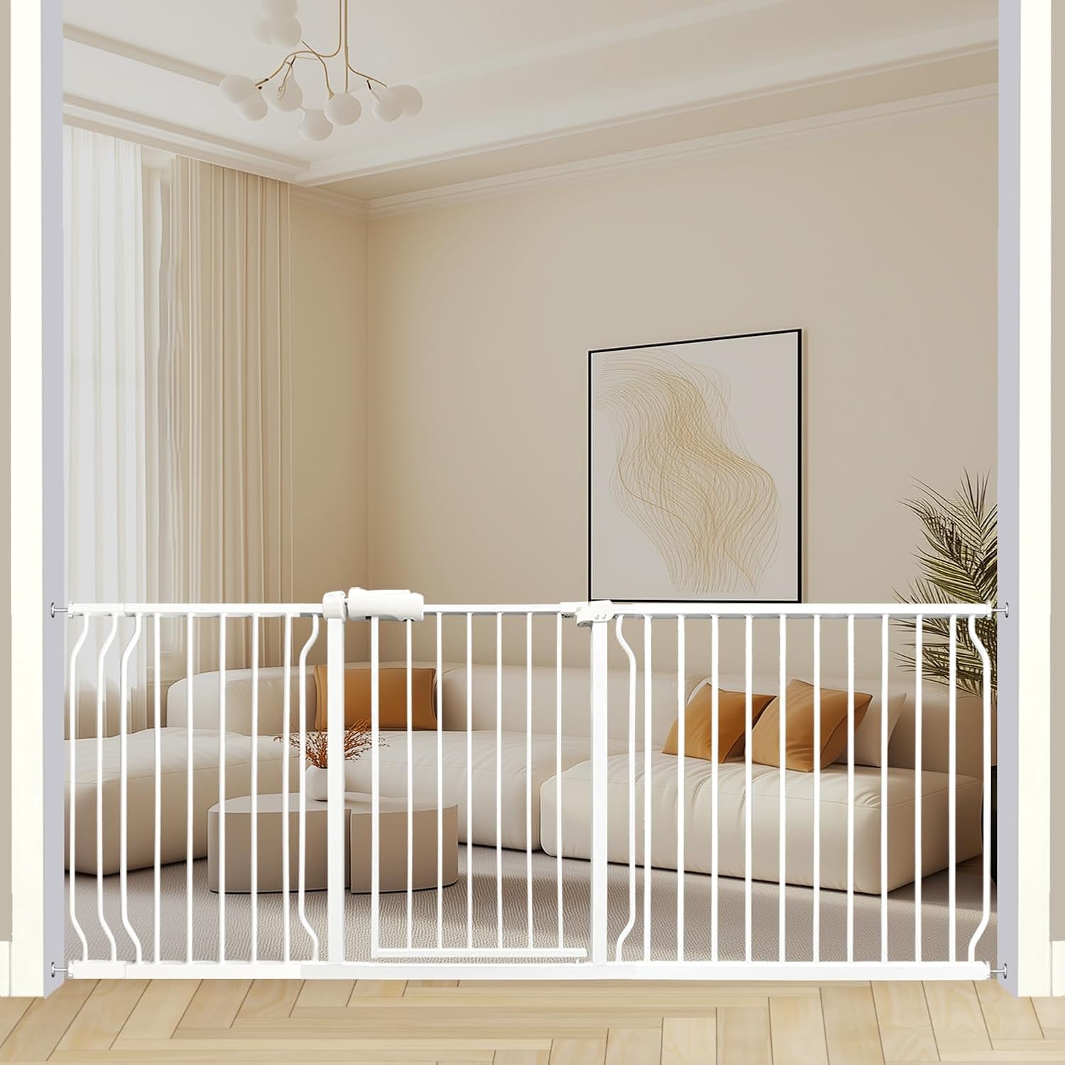 Heavy Duty Baby & Dog Safety Gate - Extra Wide 76.4-81.1 Inch, White Metal, Tension Mounted No