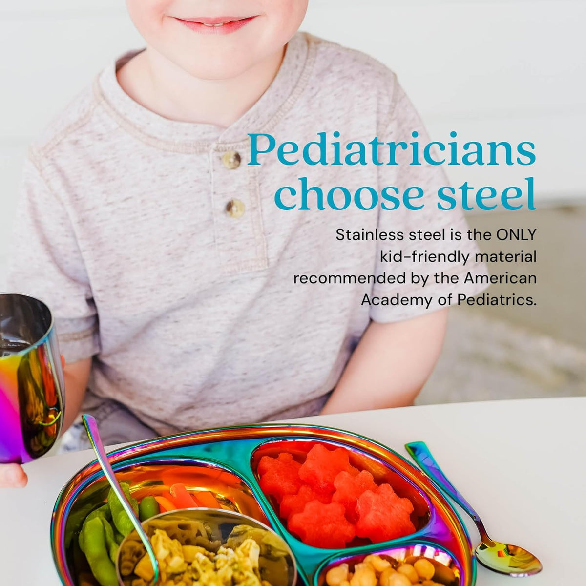Ahimsa Stainless Steel Plates for Kids - Divided Plates for Toddlers, Pediatrician Designed, Non
