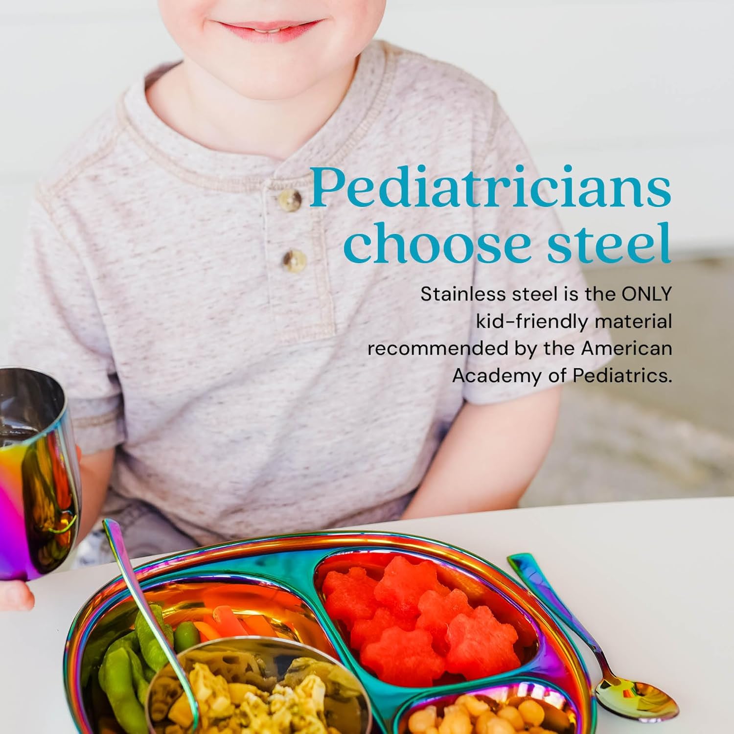 Ahimsa Stainless Steel Plates for Kids - Divided Plates for Toddlers, Pediatrician Designed, Non