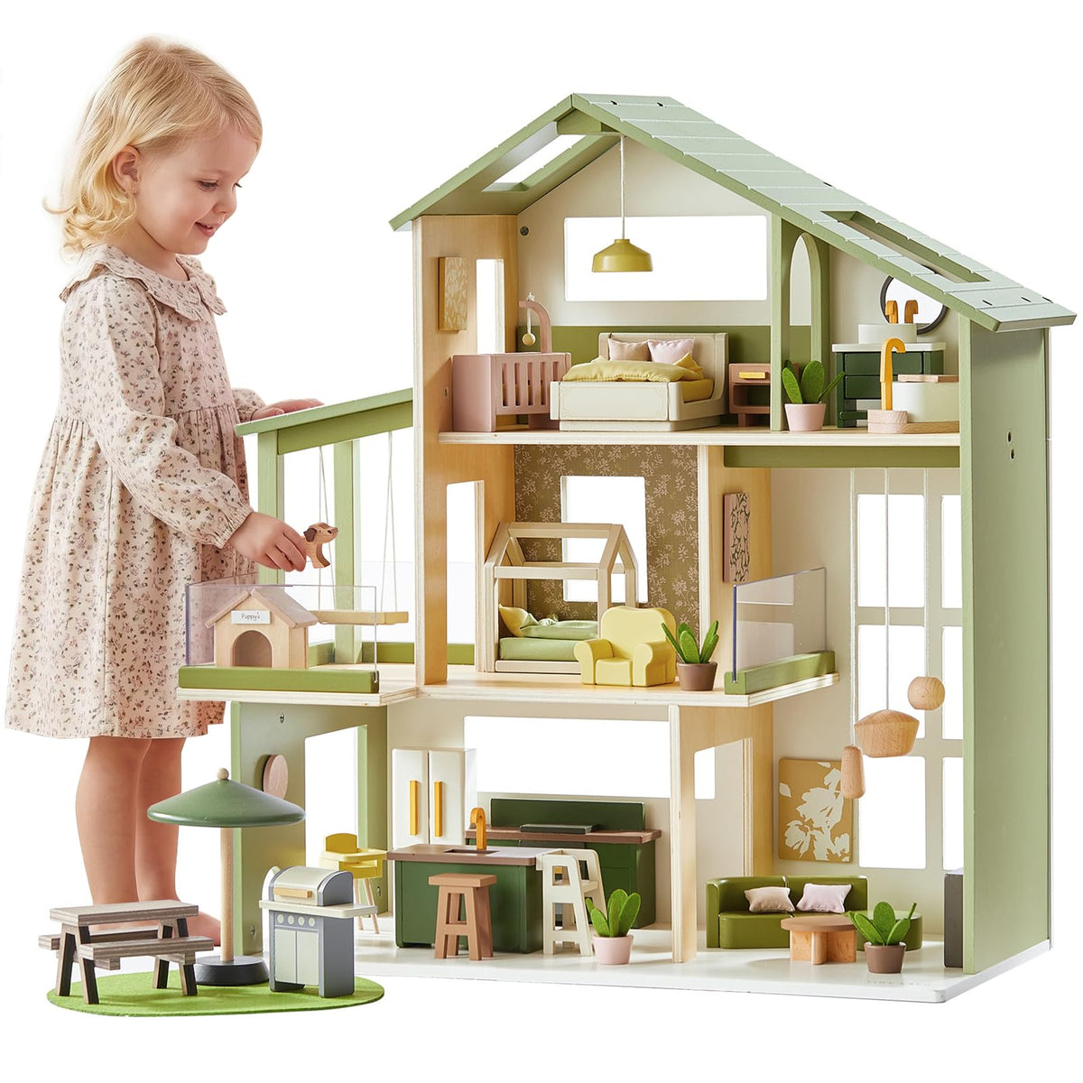 Tiny Land Wooden Doll House, Modern Family Dollhouse with Realistic Design