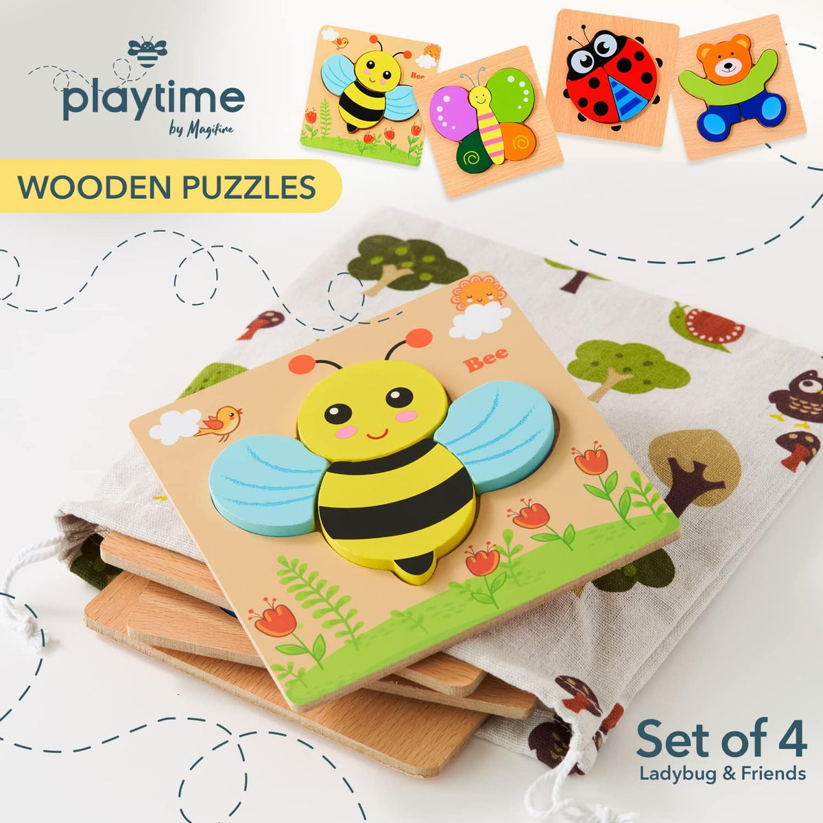 MAGIFIRE Toddler Wooden Puzzle Set - 4-Pack 5.7 x 5.7 Inch Multicolor Wood - Chunky Pieces for