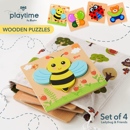 MAGIFIRE Toddler Wooden Puzzle Set - 4-Pack 5.7 x 5.7 Inch Multicolor Wood - Chunky Pieces for