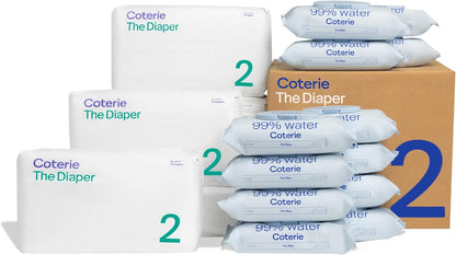 Coterie Baby Wipes + Diapers Kit, Size 2 Diapers (186 Count) & 12 Pack (672 Count) Baby Wipes with
