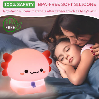 Axolotl Night Light for Kids - 3-Level Dimmer & Auto-Off Timer, Child-Safe Silicone Lamp, USB-C