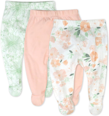 HonestBaby 3-pack Footed Pants Roomy Fit Pull on Bottoms 100% Organic Cotton for Infant Baby Boys