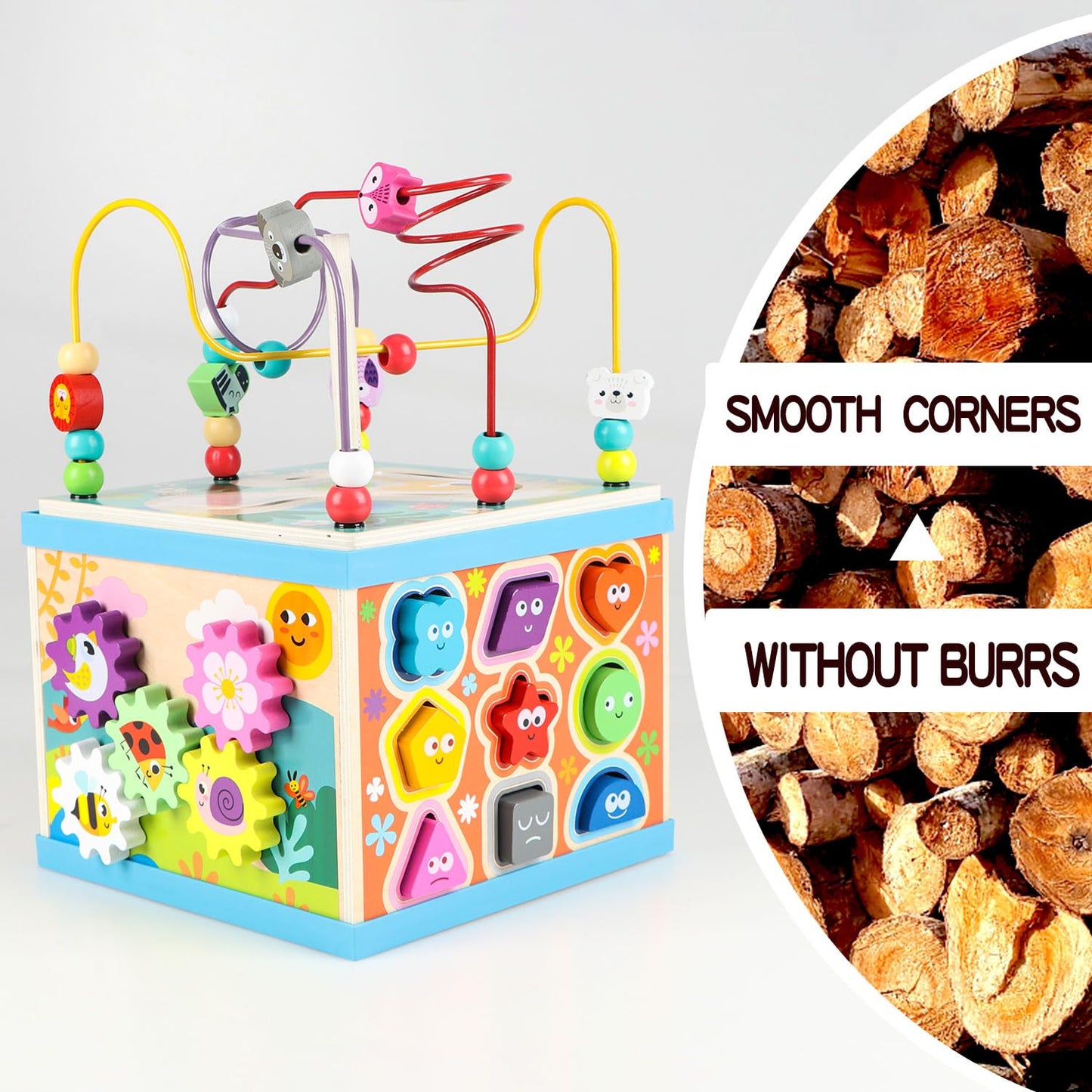 Qilay Wooden Activity Cube for Toddlers, 5 in 1 Multipurpose Abacus Early Educational Montessori