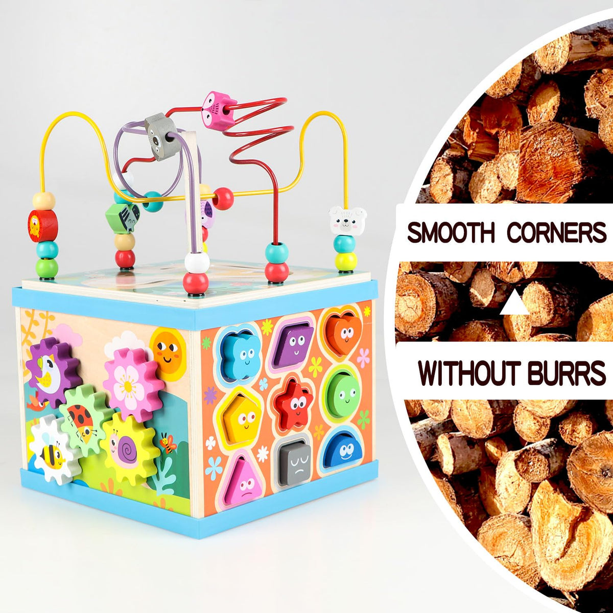 Qilay Wooden Activity Cube for Toddlers, 5 in 1 Multipurpose Abacus Early Educational Montessori