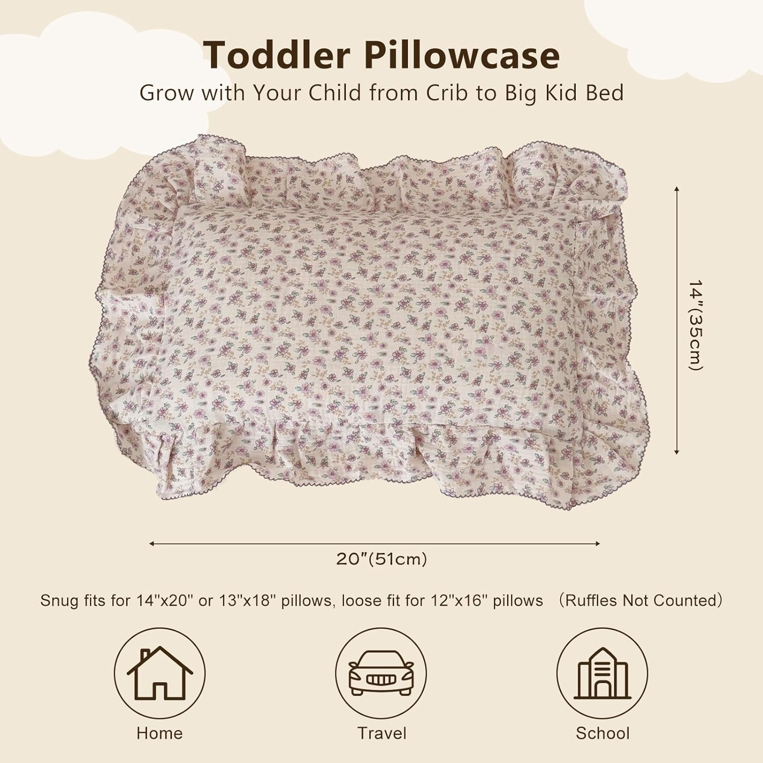 BuLuTu Purple Floral Muslin Cotton Toddler Pillowcases with Ruffles, 1 pc, 14"x20", Oeko-TEX