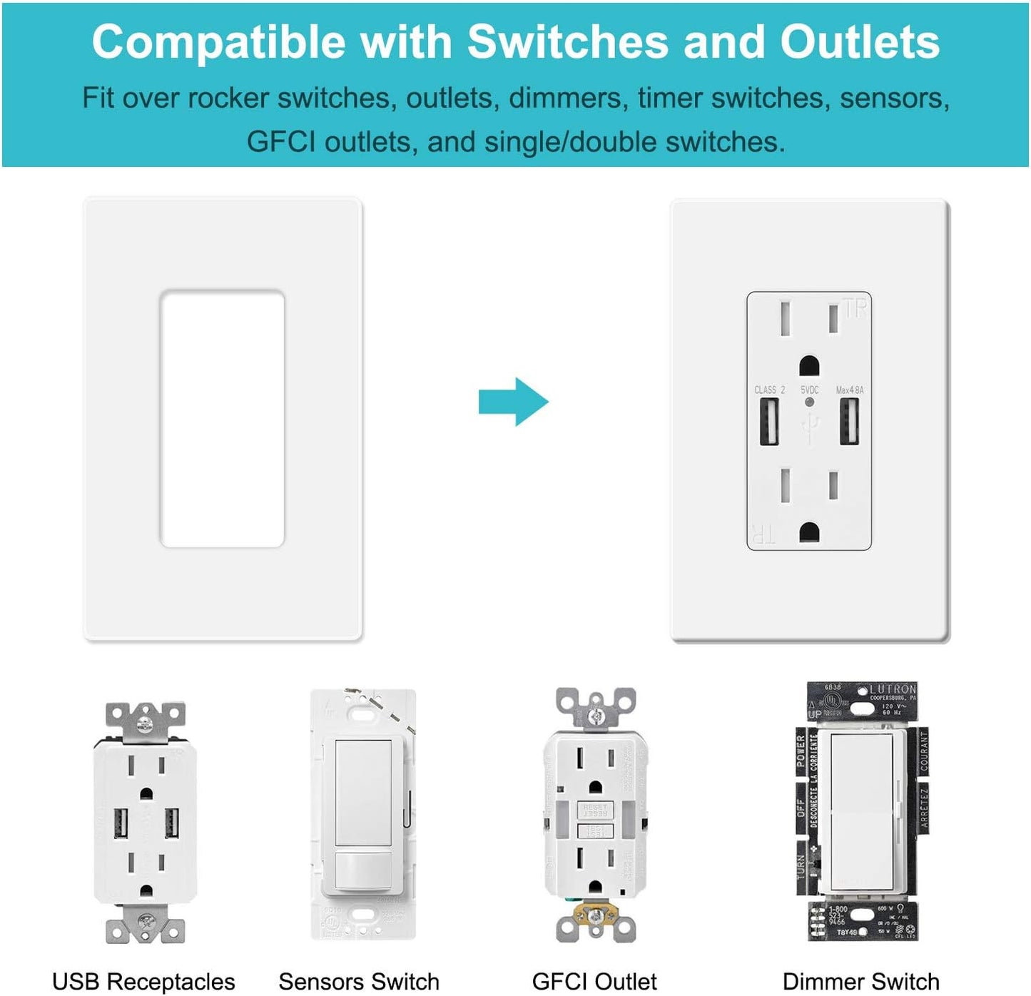 10 Pack 1-Gang Screwless Wall Plate, Decora Outlet Cover Plates, 4.57” H x 2.76” L, for Light