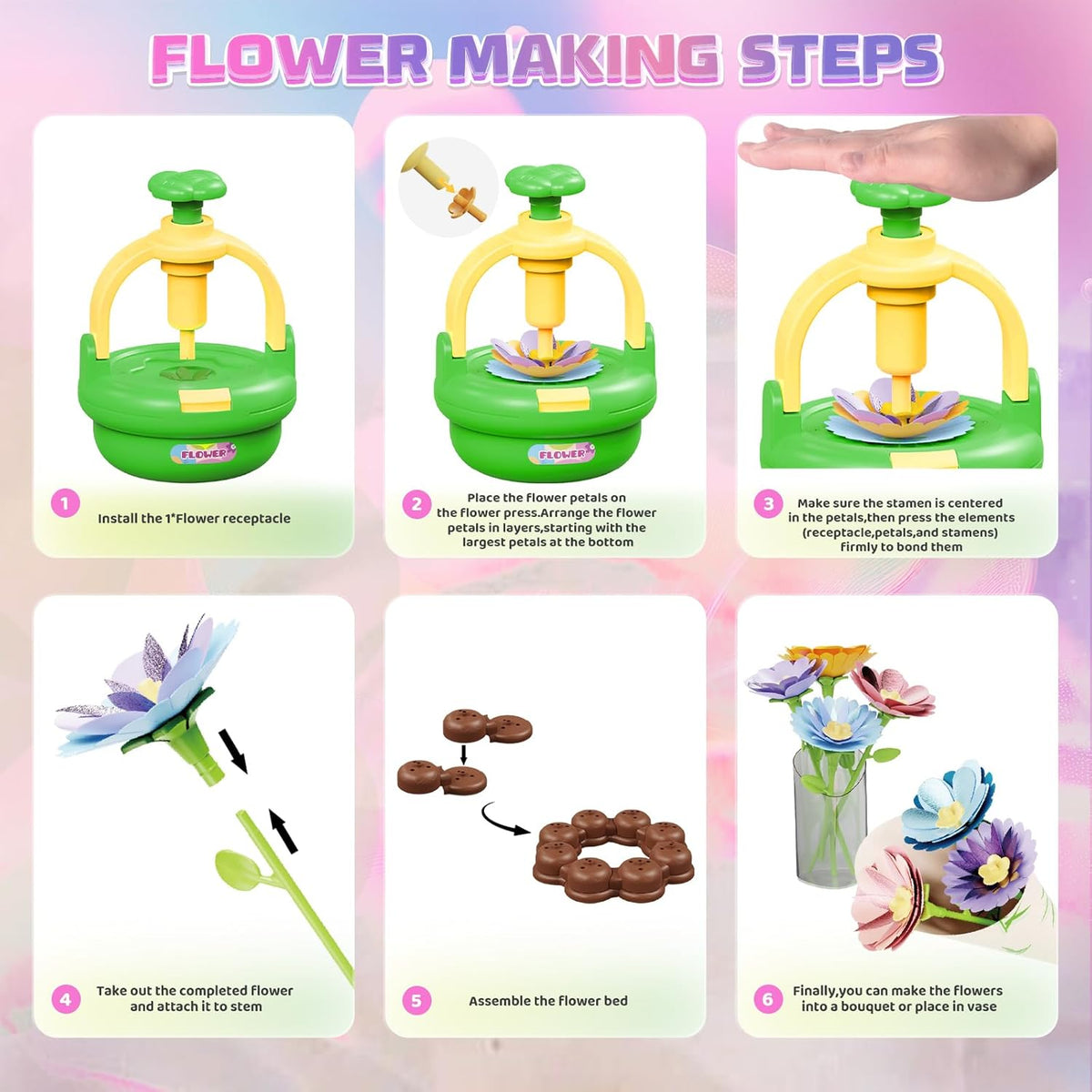 Plunack Flower Bouquets Toys for Kids Age 4-8, Flower Press Kit DIY Flowers Making Craft Kit for 4