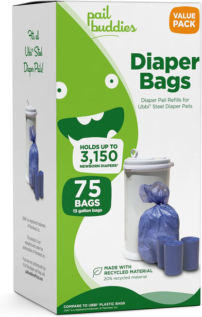 Pail Buddies Diaper Bags, 75 Count, Fresh Powder Scent, Compatible with Ubbi Diaper Pail, Made with