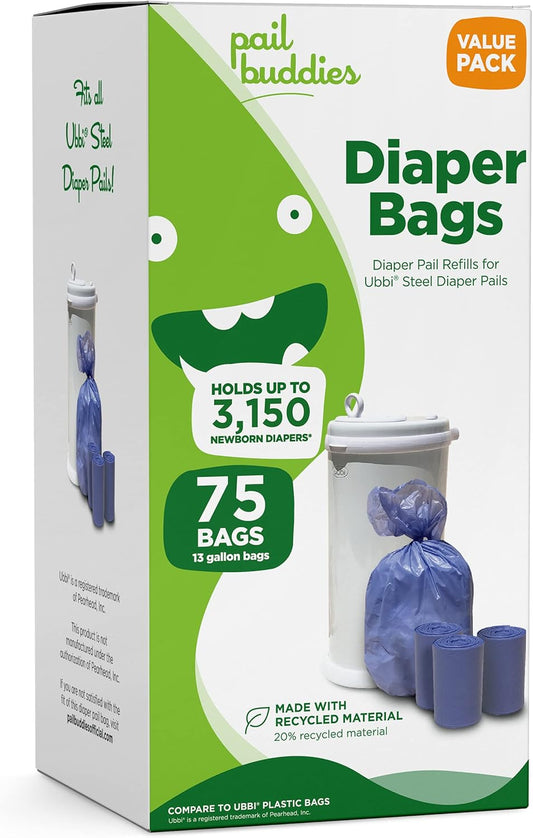 Pail Buddies Diaper Bags, 75 Count, Fresh Powder Scent, Compatible with Ubbi Diaper Pail, Made with