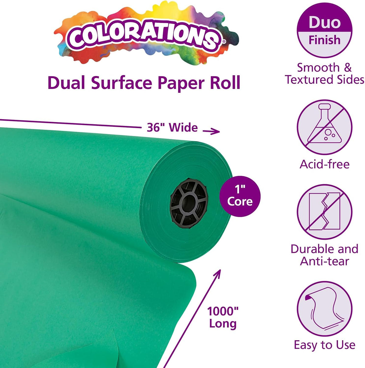 Colorations Dual Surface Paper Roll, Bright Green, 36" x 1000', Textured Paper, Classroom Craft &