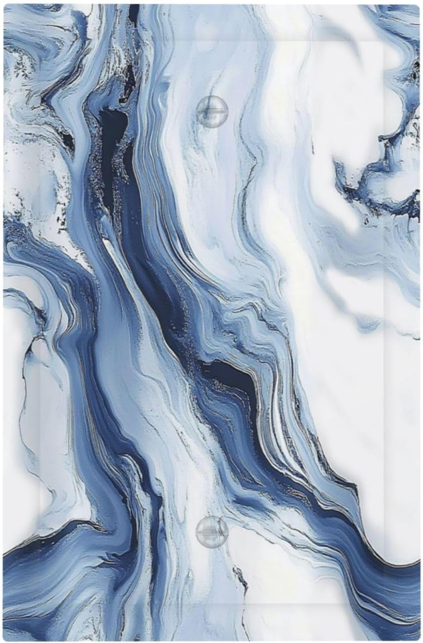 Light Switch Cover Plate White Marble Navy Blue Line Fluid 1 Gang No Device Blank Electrical Wall