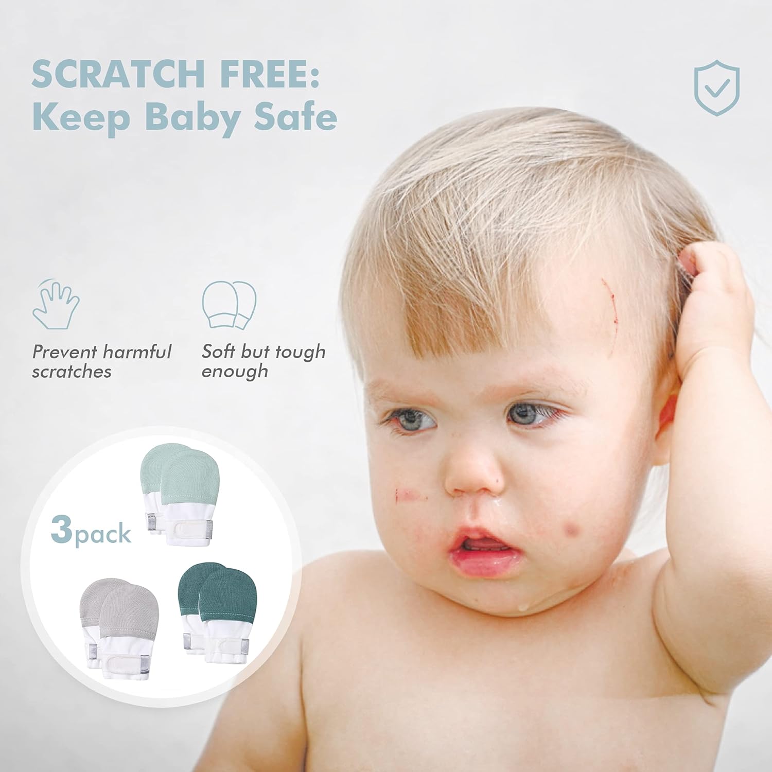 HAPIU Baby No Scratch Mittens Stay On, 100% Cotton Breathable, Adjustable Infant Gloves for Boys