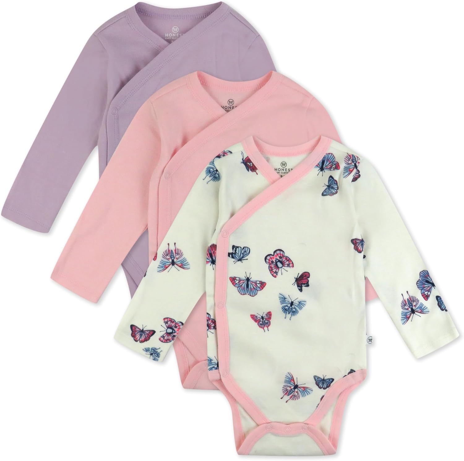 HonestBaby unisex-baby 3-pack Long Sleeve Side-snap Kimono Bodysuits Organic Cotton for Infant Baby