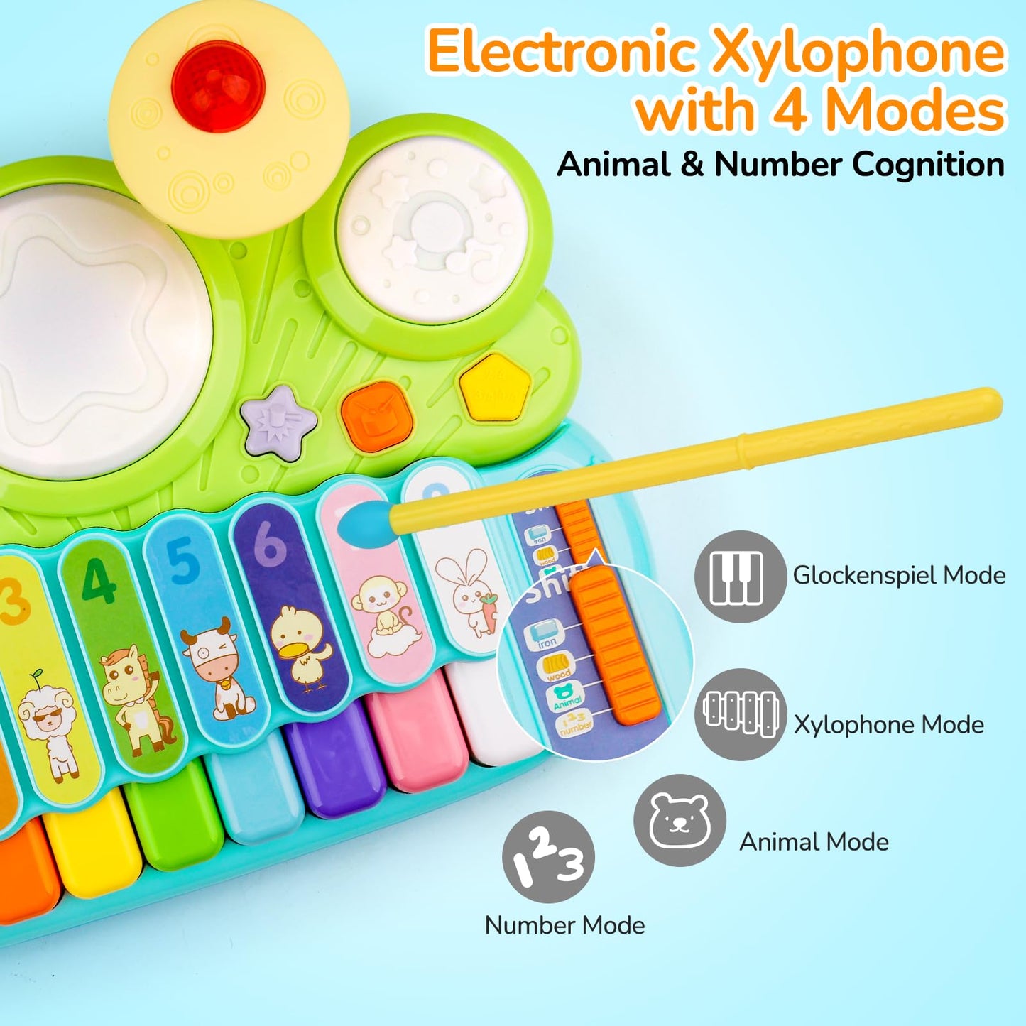 Baby Piano Drum Set for Toddlers, 3-in-1 Baby DJ Table Musical Toys Piano Keyboard Xylophone Drum