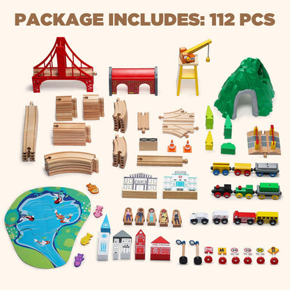 SainSmart Jr. 112-Piece Wooden Train Set for Toddler – Double-Sided Train Tracks, Compatible with