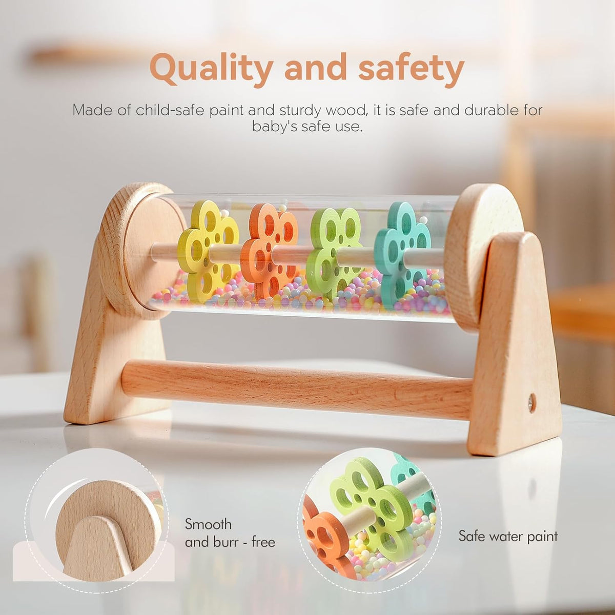 WOODEN TEETHER Wooden Soothing Rain Stick with Handle for 12 Months+ Babies Montessori Musical Baby