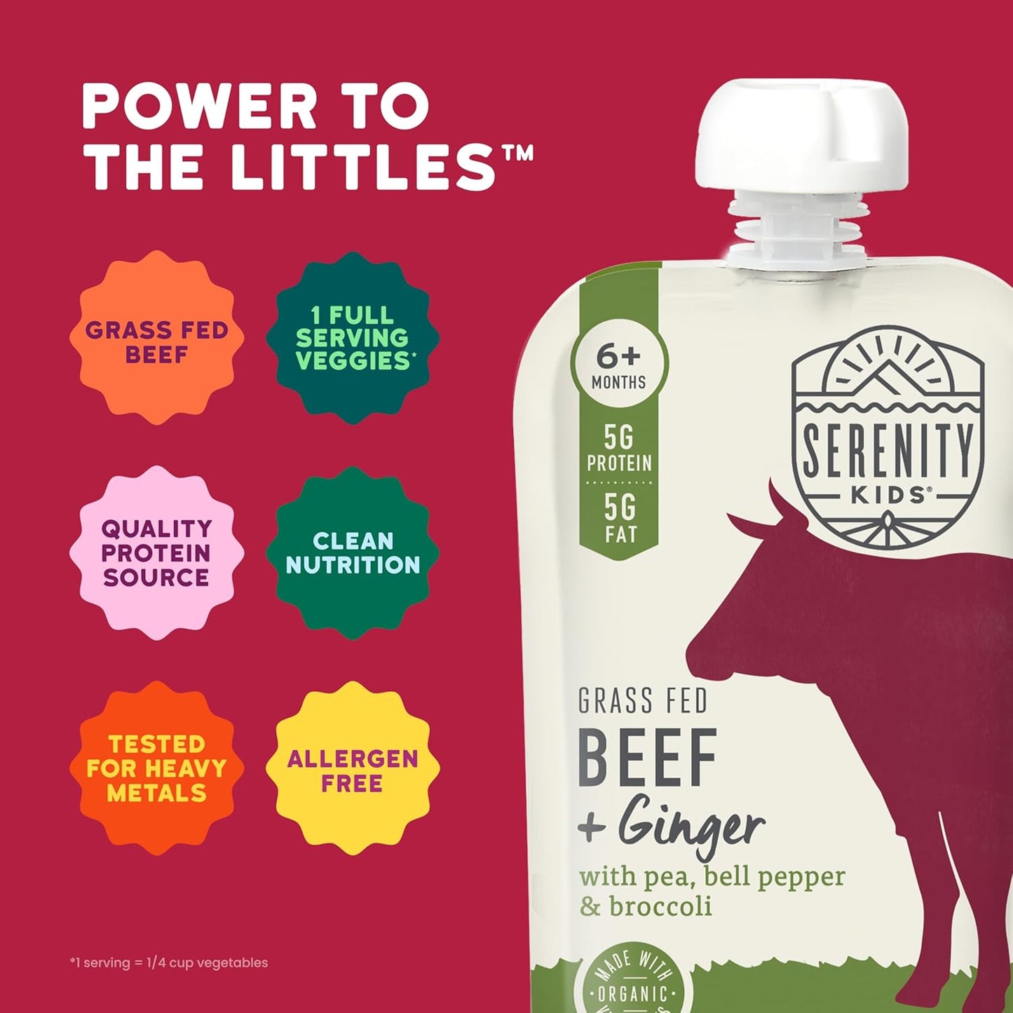 Serenity Kids 6+ Months Beef & Ginger Baby Food Puree Pouches - Grass Fed Beef & Organic Peas, Bell