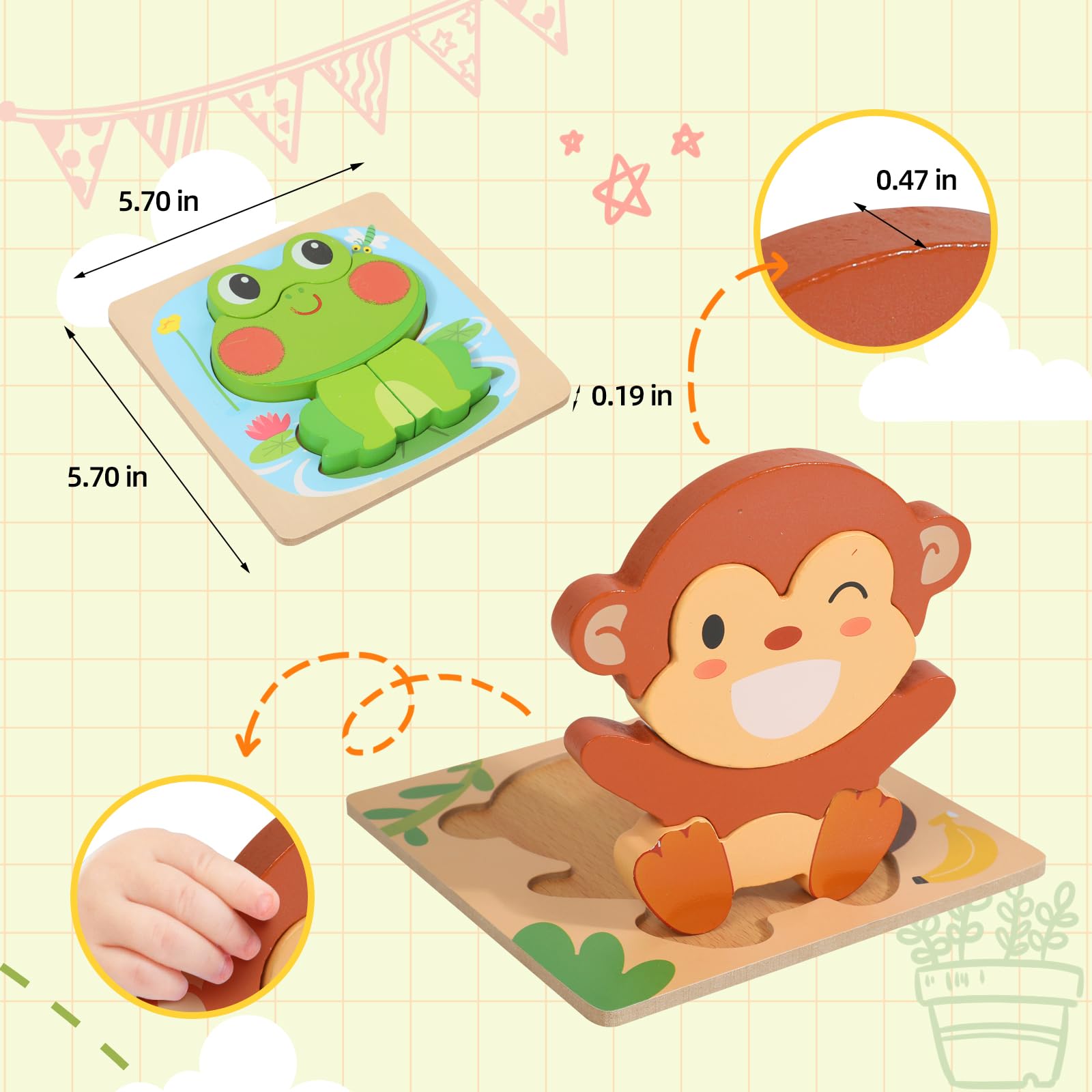 edutree Wooden Puzzles for 2-4, 6 Pack Animal Shape Puzzle Montessori Toys for 2 3 4 Year Old