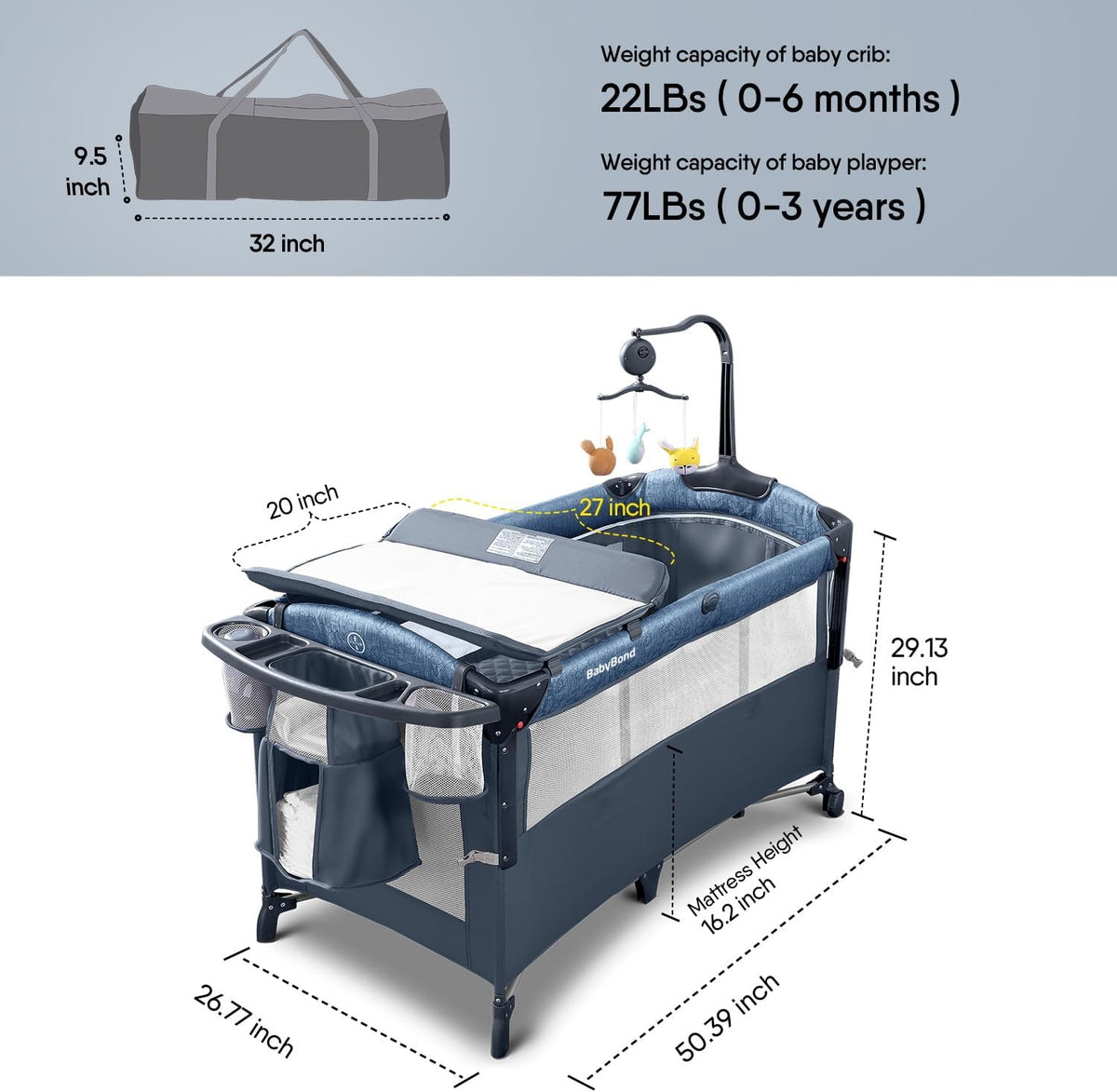 BabyBond Baby Bassinet Bedside Crib, Pack and Play with Sheet, Diaper Changing Table and Music