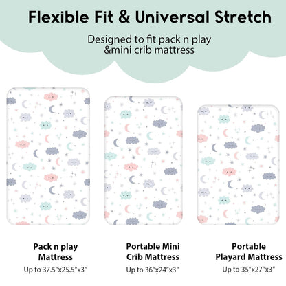 Yoofoss Pack and Play Sheets Fitted, Mini Crib Sheets 2-Pack for Pack N Play Mattress, Stretchy