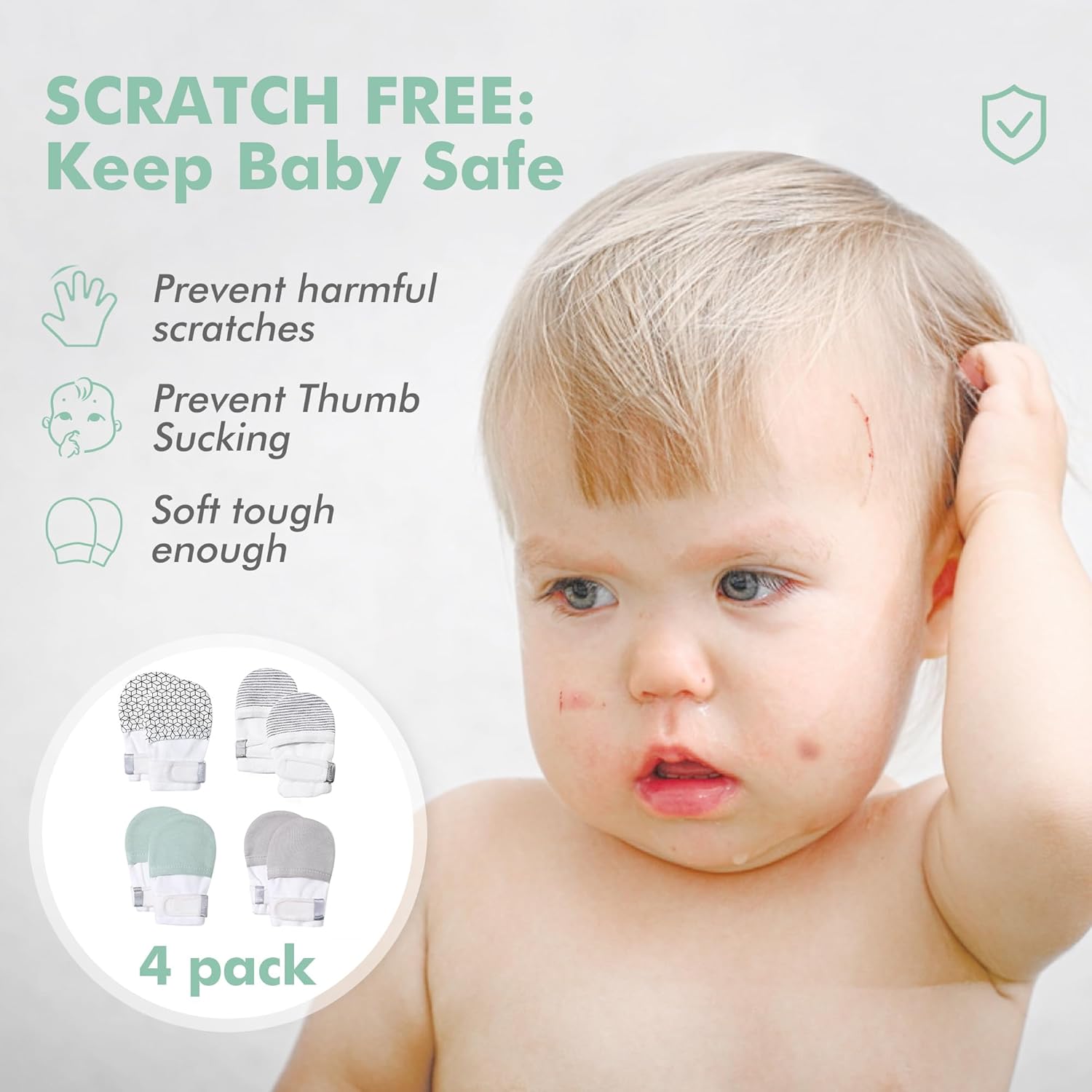 HAPIU Baby No Scratch Mittens Stay On, 100% Cotton Breathable, Adjustable Infant Gloves for Boys