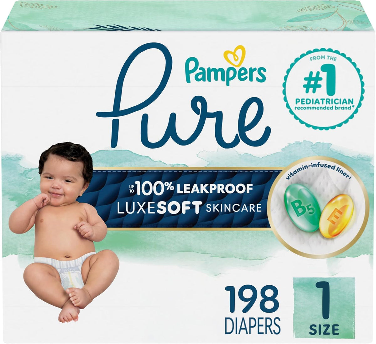 Pampers Pure Protection Baby Diapers, Size 1 (8-14 lbs), 198 Count, Up to 100% Leakproof, Premium