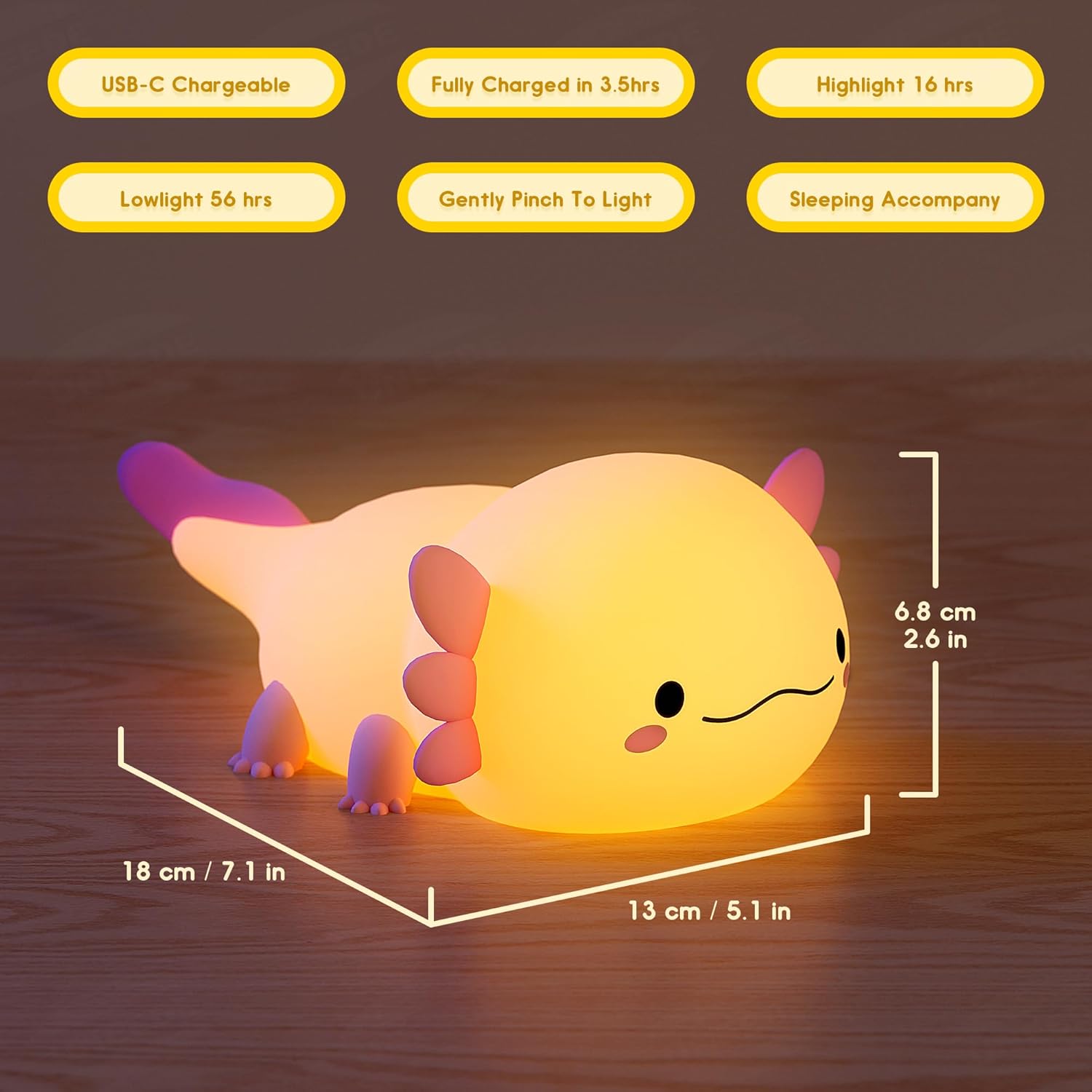 UNEEDE Axolotl Night Light for Kids,Animal Silicone Nursery Night Lamp, Rechargeable Table Lamp