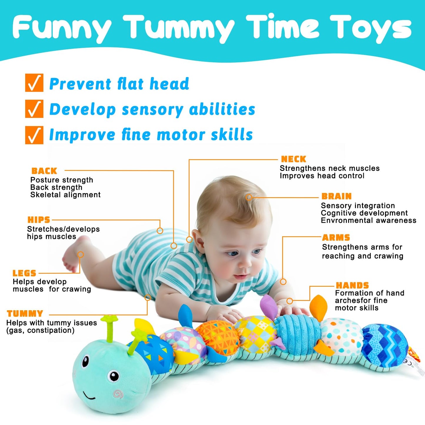 Baby Tummy Time Toys 0-6 Month Musical Stuffed Animal Plush Caterpillar Toy for Infant 6-12 Month