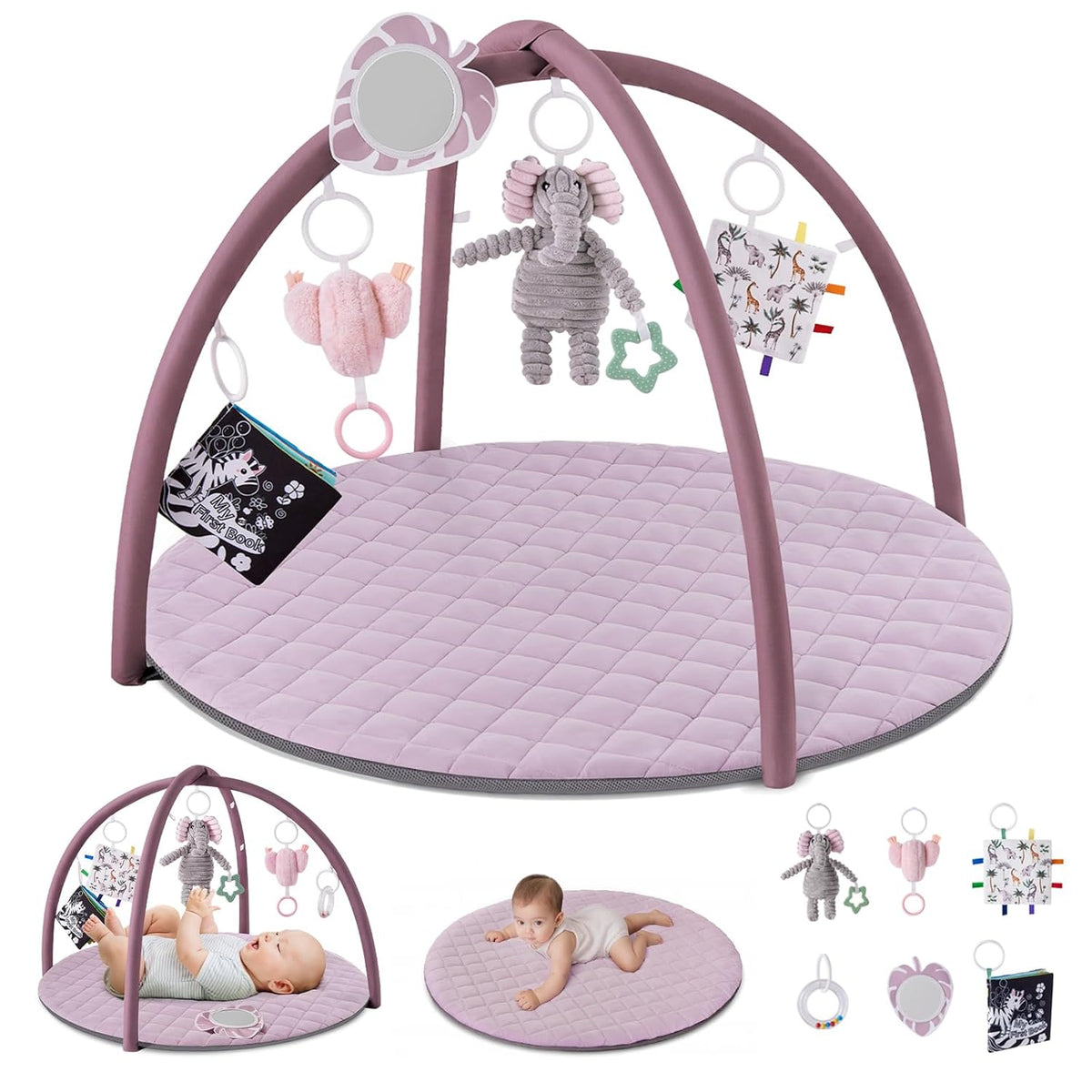 Blissful Diary Baby Play Gym Mat, Tummy Time Activity Mat with 6 Detachable Toys for Stage-Based