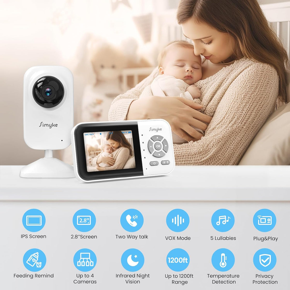 2Cameras Video Baby Monitor,Two Mode,2.8'' IPS Display Screen,Night Vision,2-Way Talk,1200ft Long