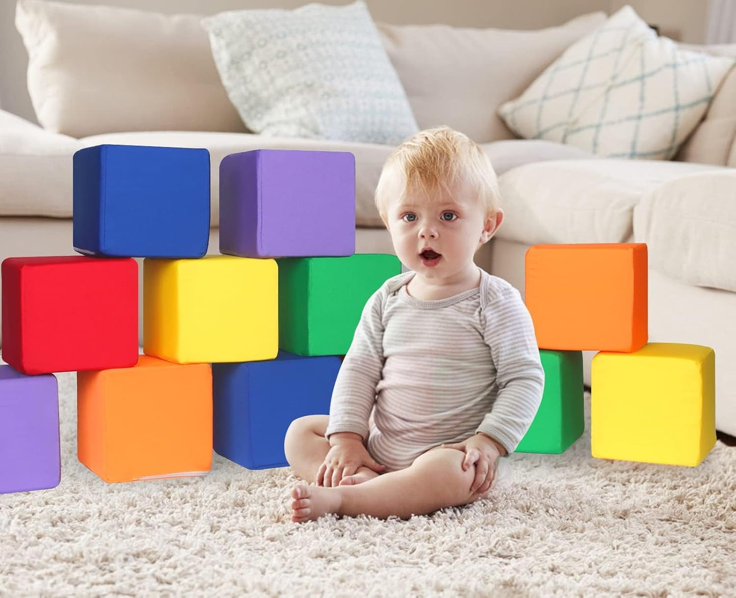 Foam Blocks for Toddlers 1-3, 12 PCS 5.5 inch Foam Soft Cubes for Kids, Colourful Building Blocks