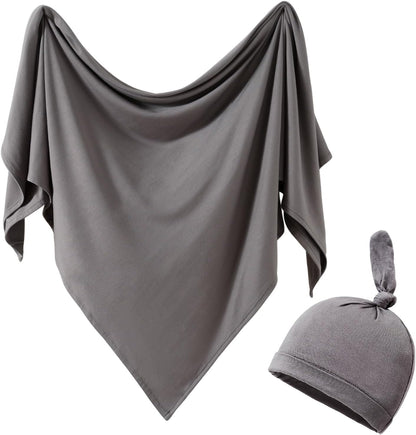 iEvolve Cotton Knitted Baby Swaddle Blanket with Hat Headband Set Newborn Swaddle Wrap Receiving