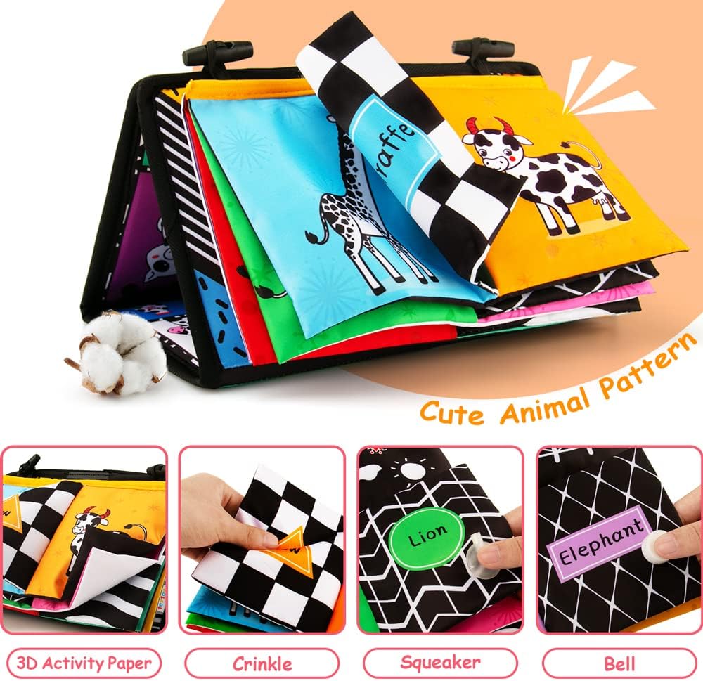 3-in-1 Tummy Time Mirror with Soft Crinkle 3D Activity Book, Teethers, Rattle - High Contrast Black