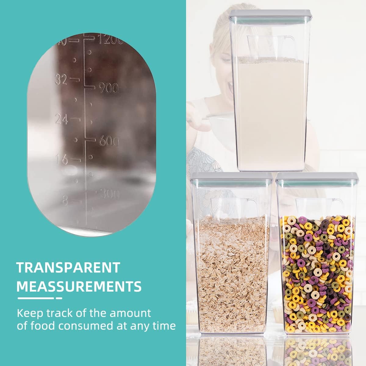 Ankou Airtight Pop Cereal Container, 3300ml Each Large Cereal Containers with Scoops Food Storage