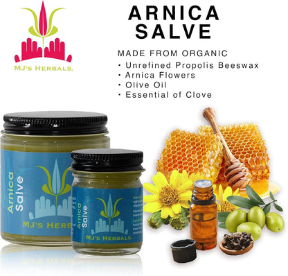 MJ’s Herbals Arnica Salve | Organic, Maximum Strength, Immediate Relief for Sore Muscles & Feet |