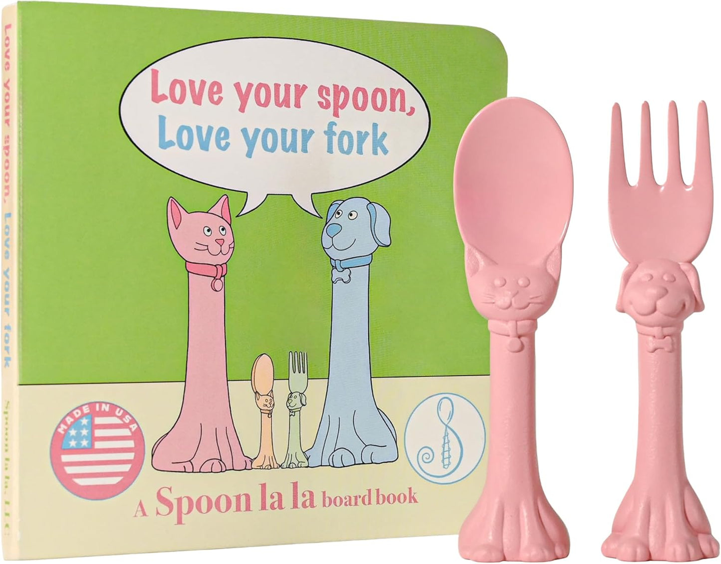 Made in USA Spoon la la Toddler Utensils Set (2 Pack) & Board Book - Spoon & Fork for Kids