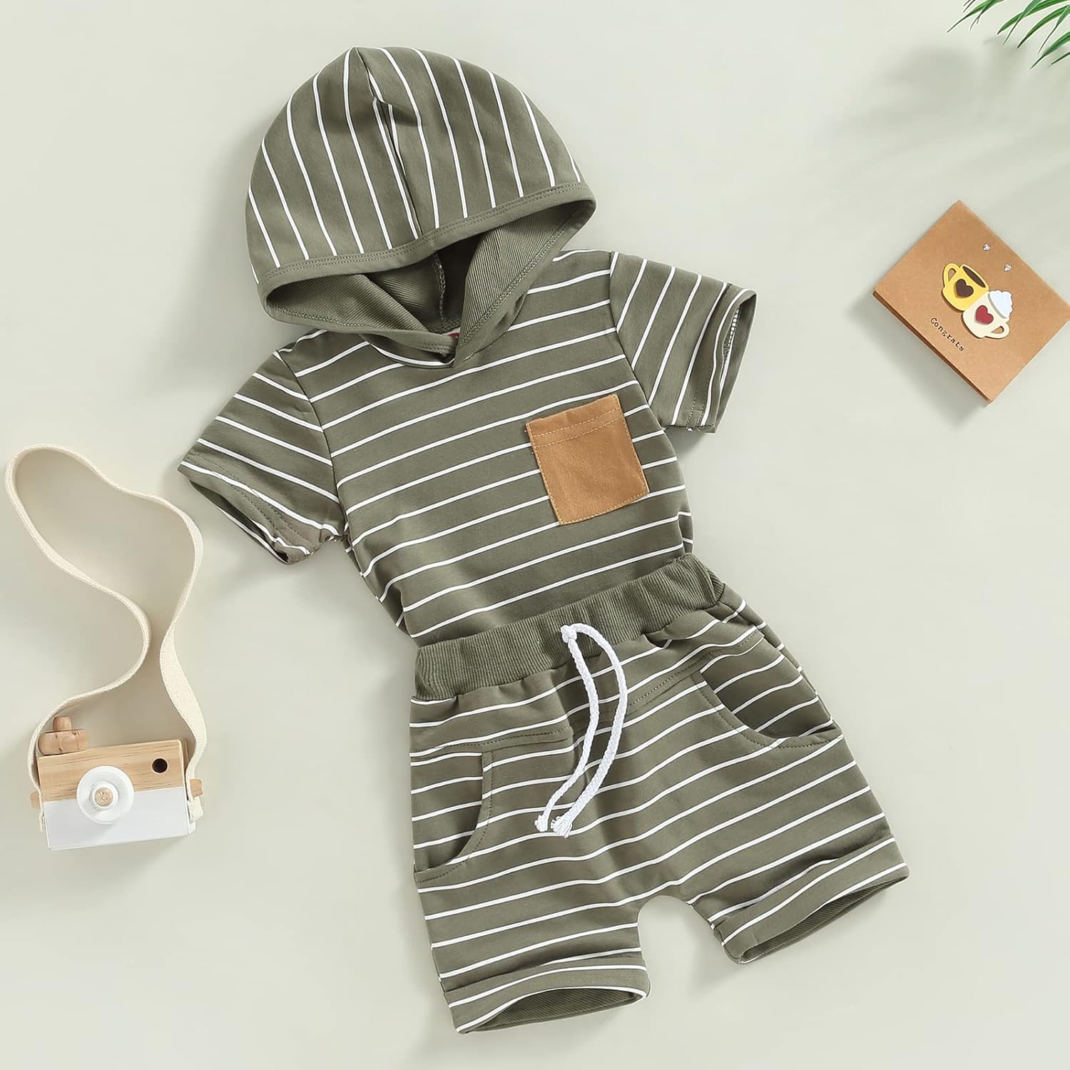 Toddler Baby Boy Summer Hooded Outfit Contrast Color Short Sleeve T Shirt Top Elastic Shorts Summer