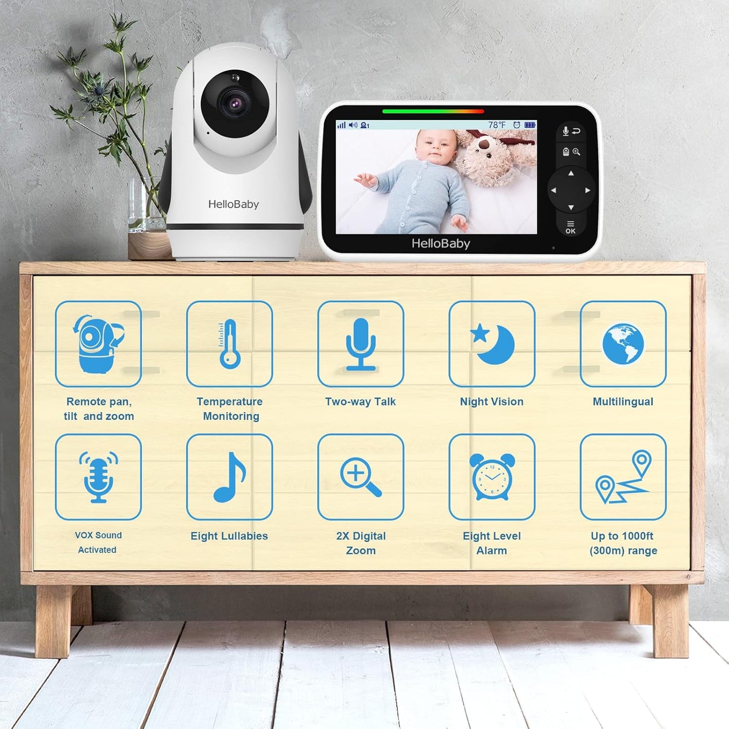HelloBaby 5 Inch Video Baby Monitor with Camera and Audio, Remote Pan-Tilt-Zoom Camera with Night