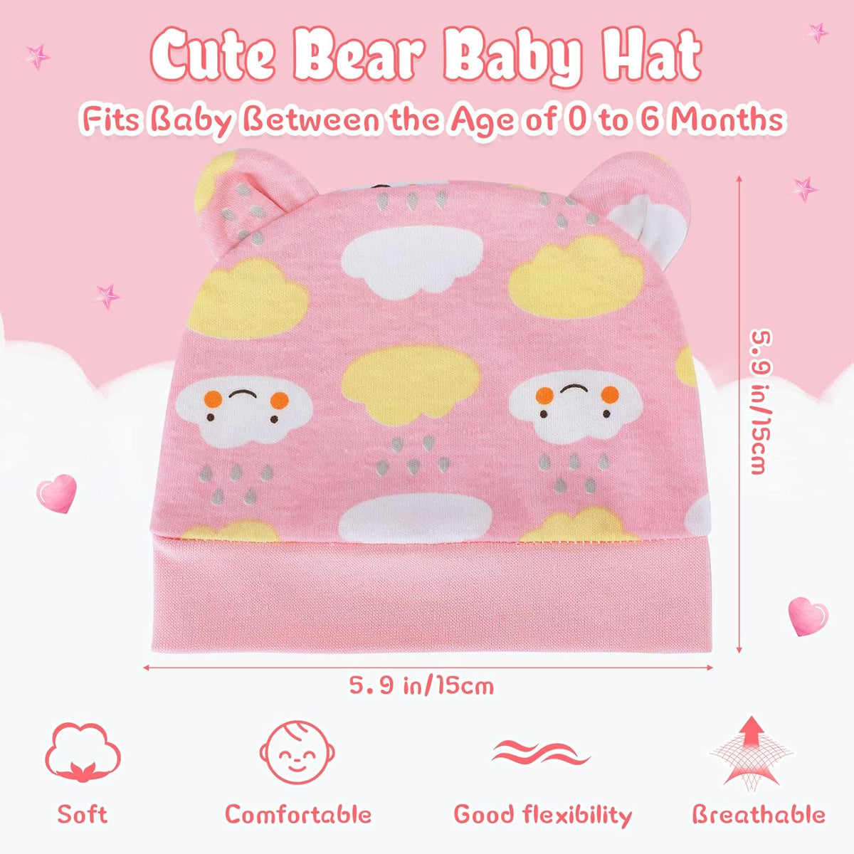 Geyoga 6 Pieces Newborn Baby Hat Bear Ears Infant Caps Baby Boy Girl Toddler Hats Infant Beanie