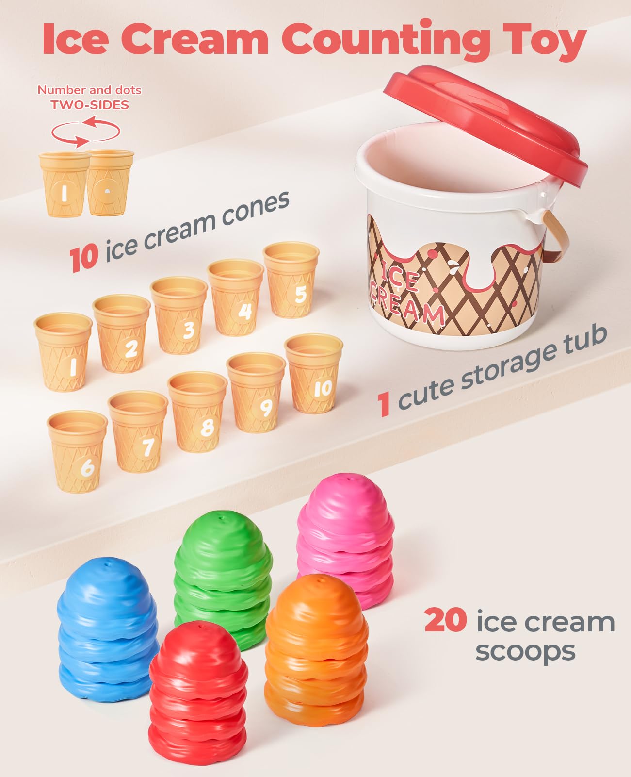 JoyCat Ice Cream Preschool Learning Activities Counting and Color Sorting Set Stacking Toys for