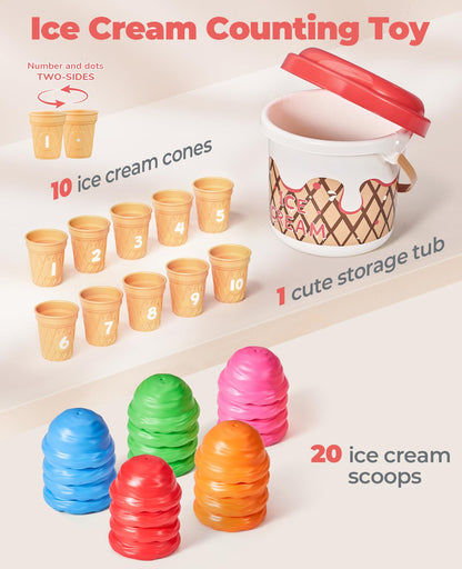 JoyCat Ice Cream Preschool Learning Activities Counting and Color Sorting Set Stacking Toys for