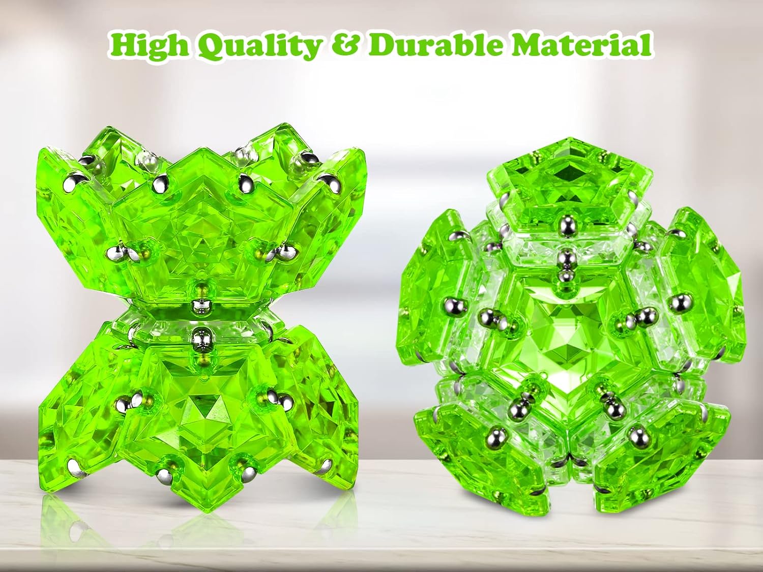RoomyRoc Magnetic Fidget Sphere - Pentagons Magnets Balls - 12 Piece Set - Crystal Bright Green