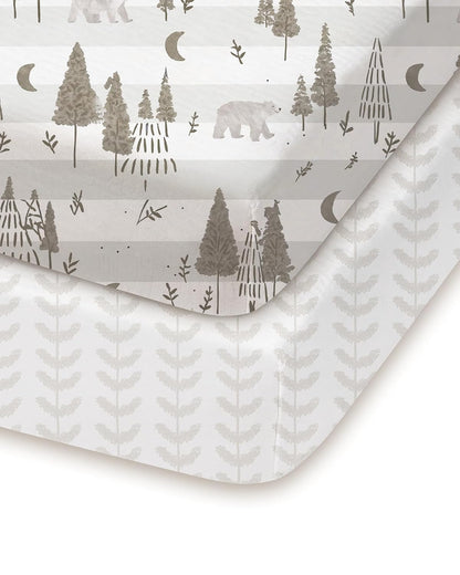 Pack and Play Sheets Fitted, Beige Trees&Leaf Design, Hypoallergenic, Soft and Safe, 2 Pack for